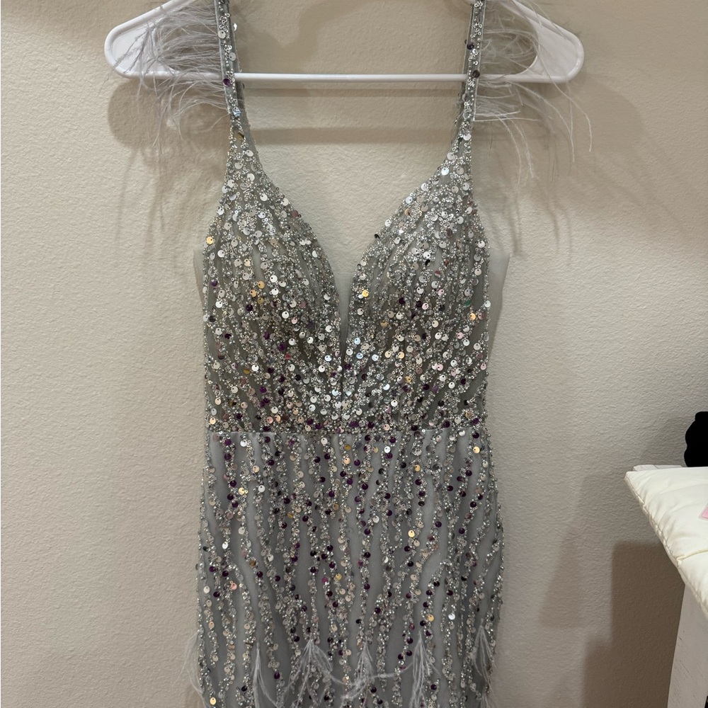 Silver Sequin Bodycon Cocktail Dress with Plunge Neckline